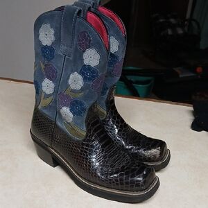 Ariat Blue and Black Floral And Croc Square Toe Boots